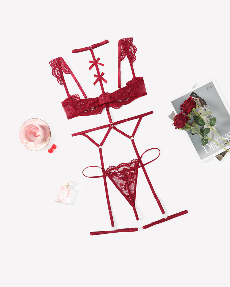 Lace Garter Belt Bra Choker 4-Piece Lingerie Set