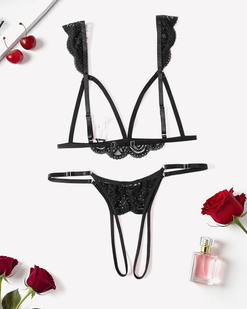 Floral Lace Cutout Bra Panty Lingerie Set