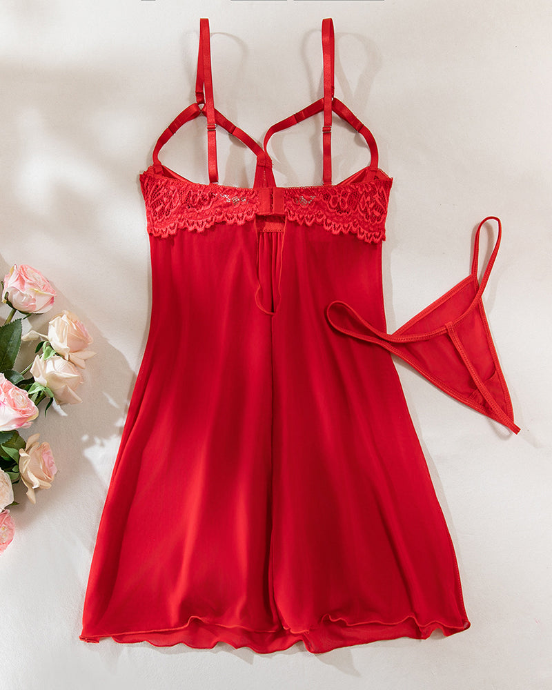 Bowknot Elastic Mesh Cupless Lace Nightdress