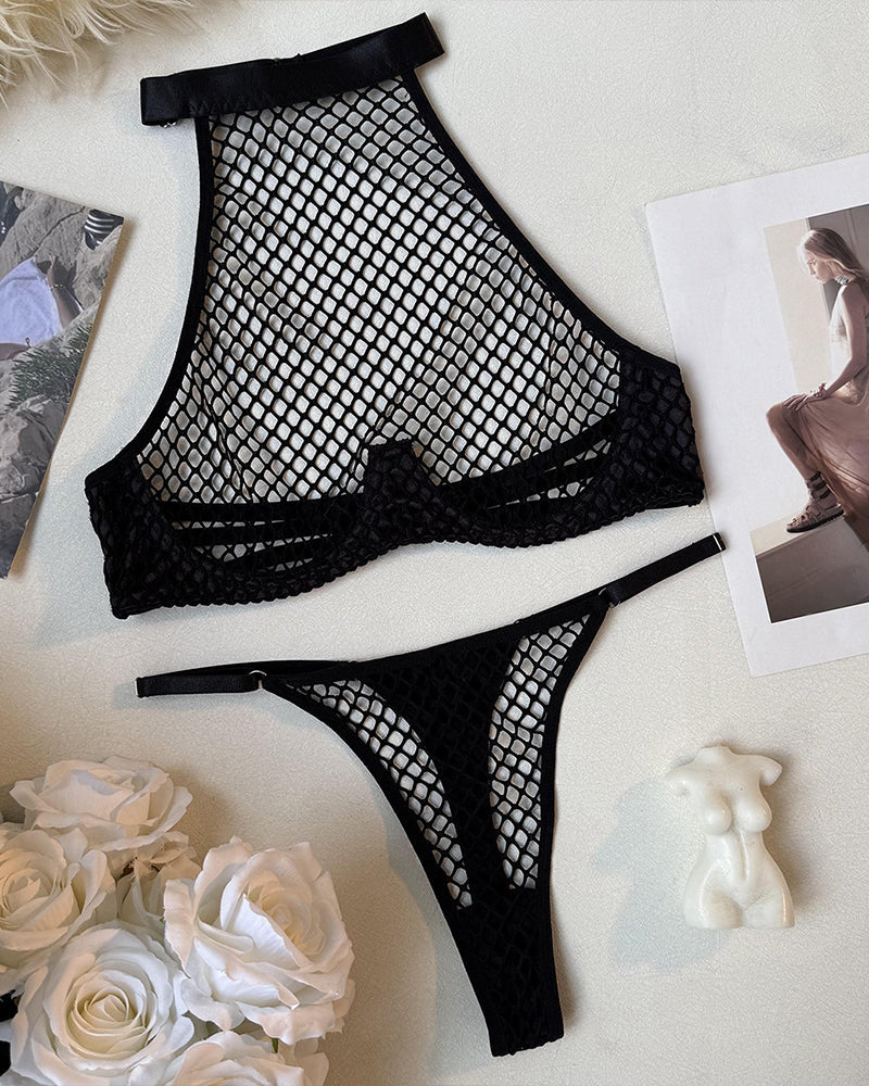 Fishnet Halter Sheer Mesh Bra & Thong Set