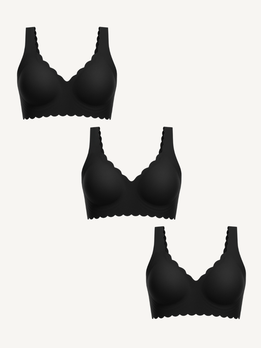 3-Pack Scalloped Deep V Push-Up Seamless Wireless Jelly Bra
