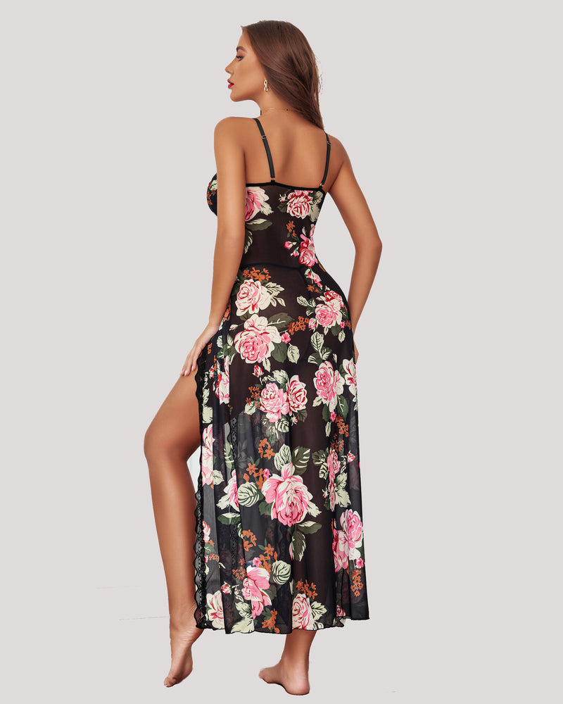 Floral Print Deep V Mesh Maxi Nightgown with Double Front Slit