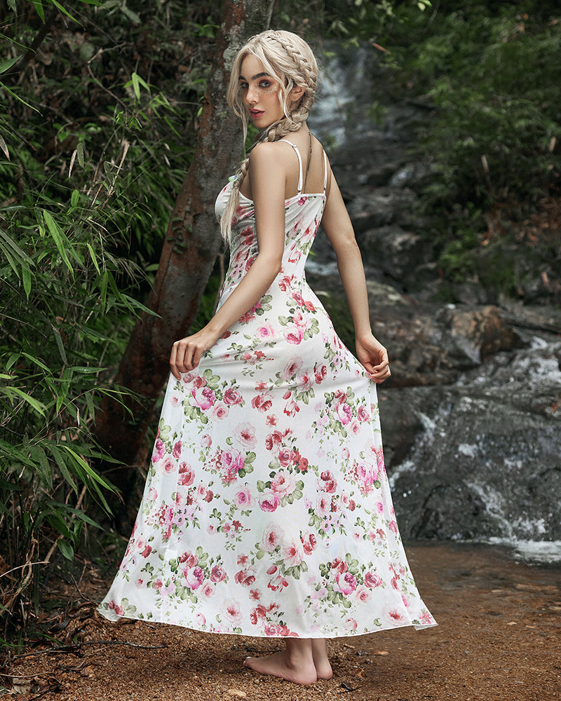 Floral Print Deep V Mesh Maxi Nightgown with Double Front Slit