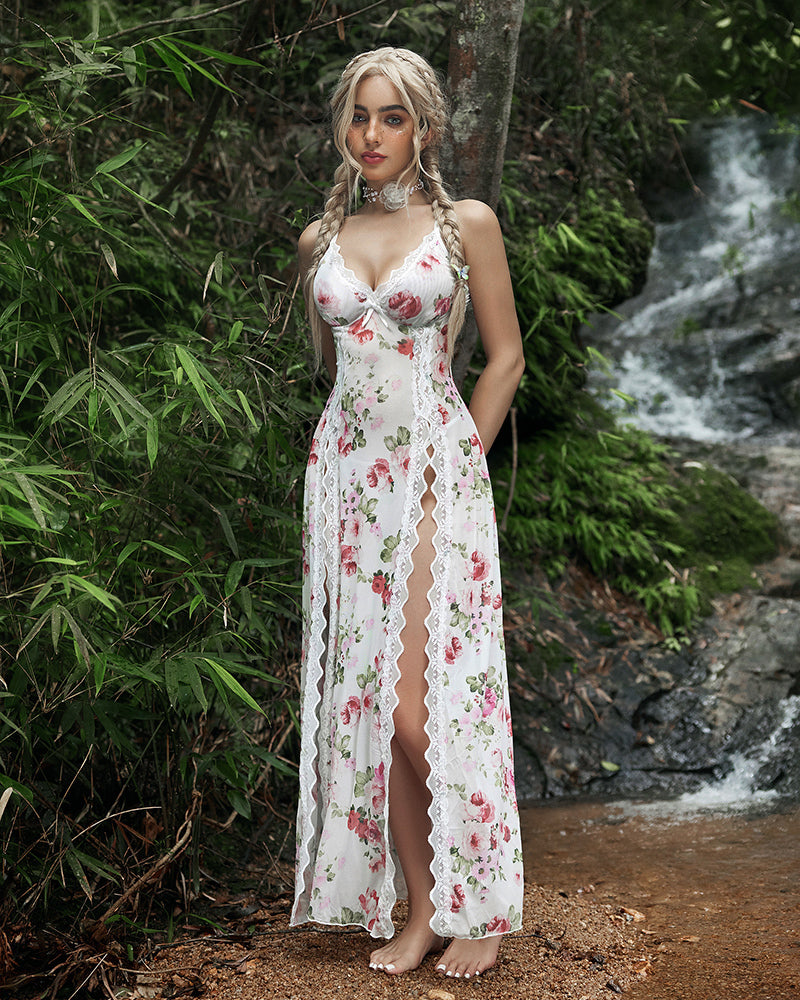 Floral Print Deep V Mesh Maxi Nightgown with Double Front Slit