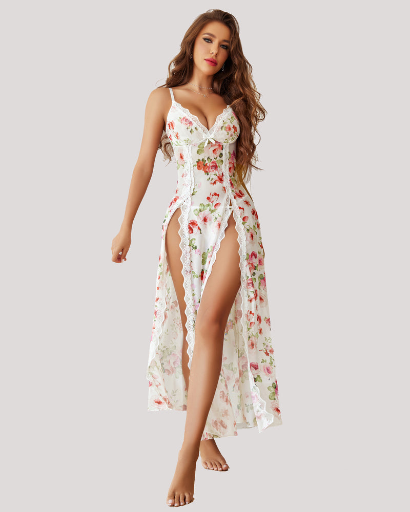 Floral Print Deep V Mesh Maxi Nightgown with Double Front Slit