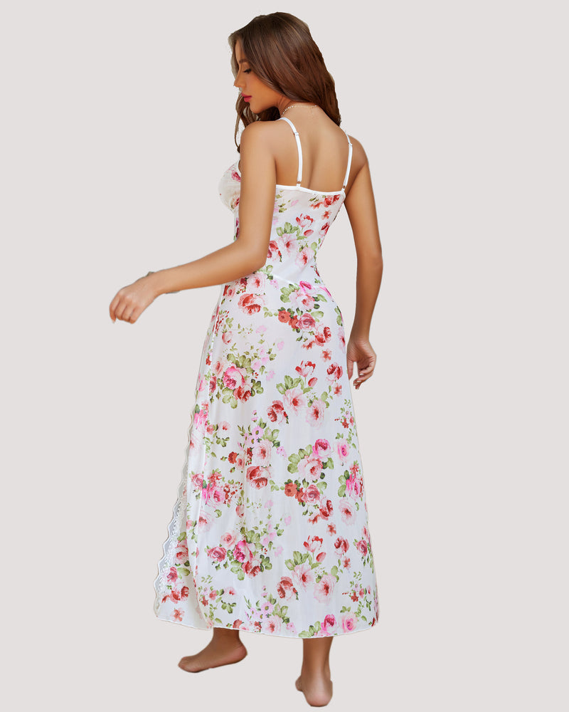 Floral Print Deep V Mesh Maxi Nightgown with Double Front Slit