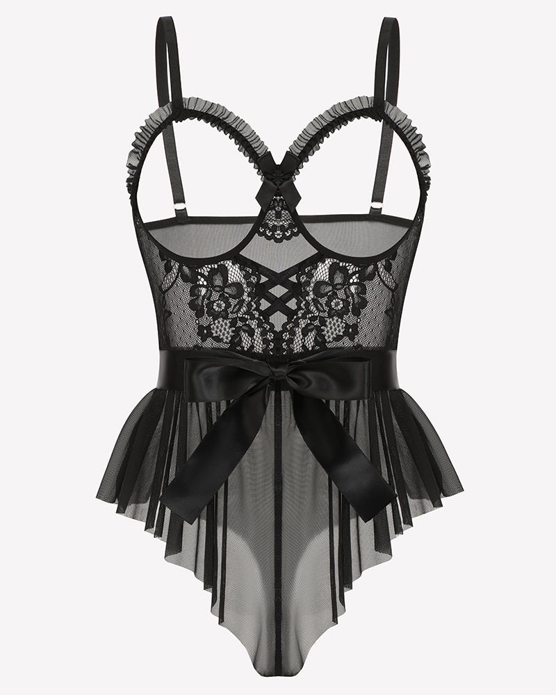 Lace Ruffle Mesh Bodysuit with Satin Tie