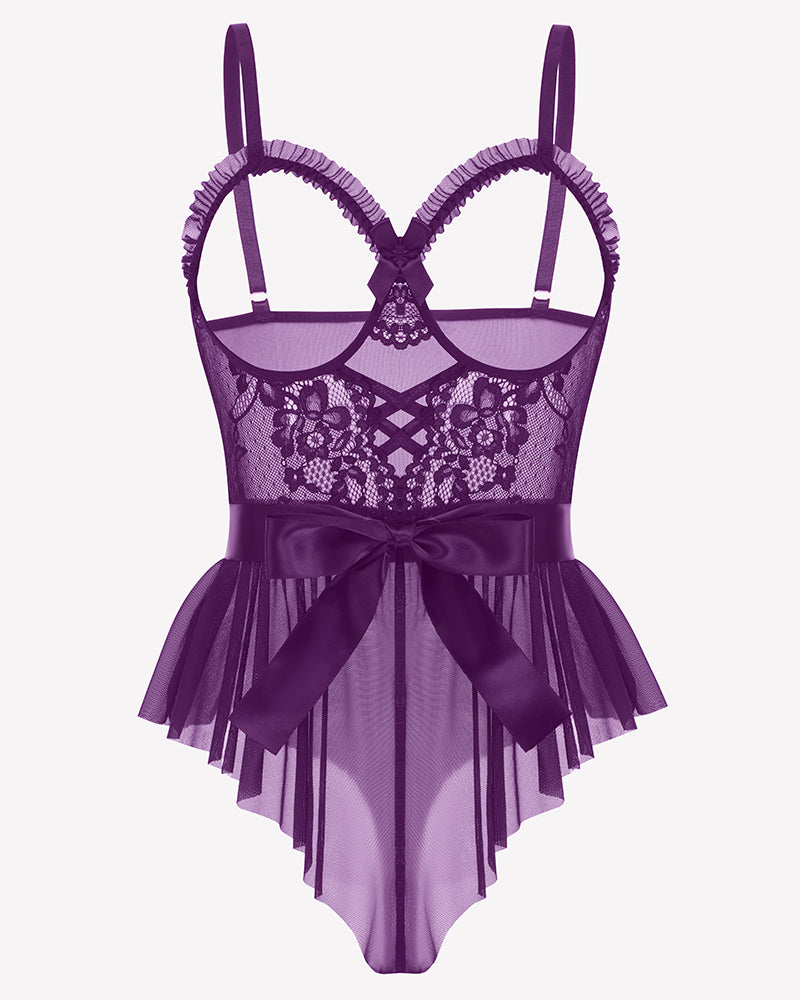 Lace Ruffle Mesh Bodysuit with Satin Tie