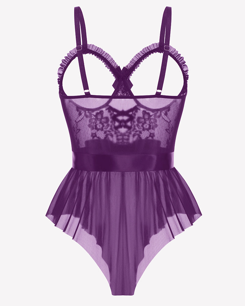 Lace Ruffle Mesh Bodysuit with Satin Tie