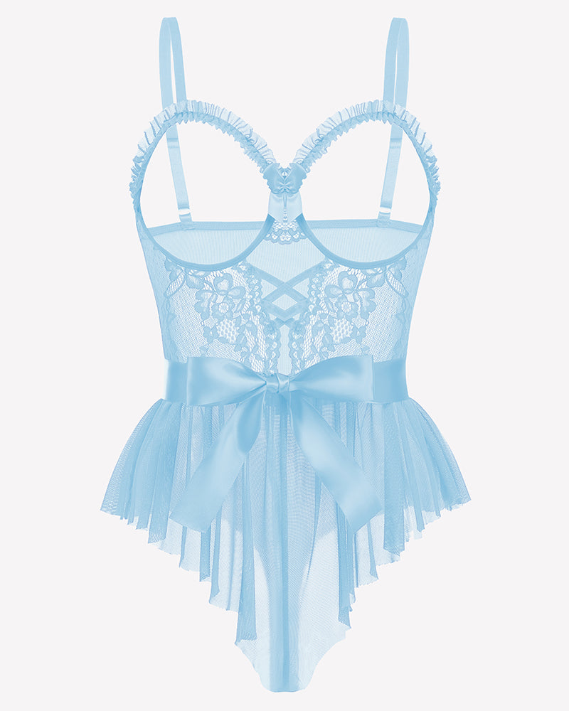 Lace Ruffle Mesh Bodysuit with Satin Tie