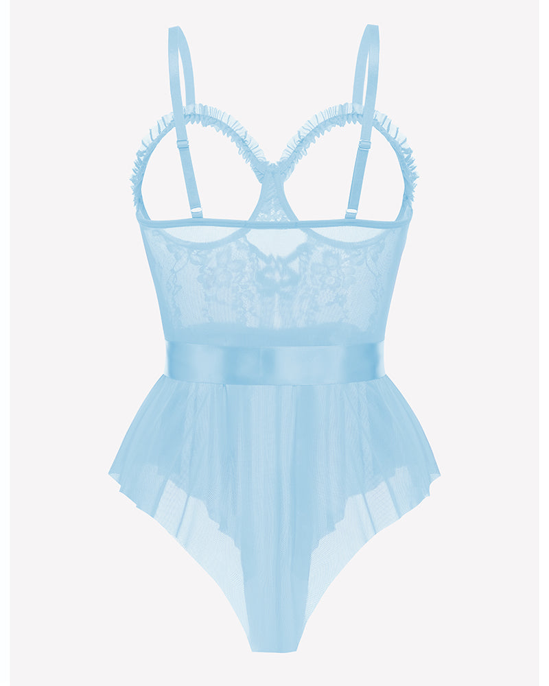 Lace Ruffle Mesh Bodysuit with Satin Tie