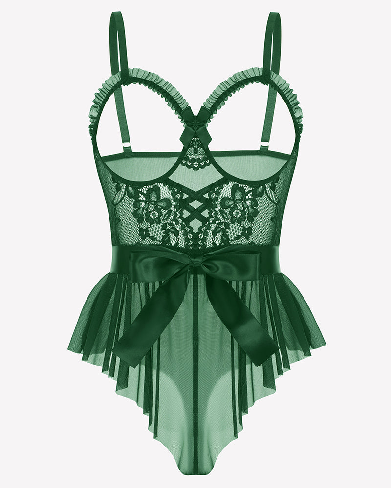 Lace Ruffle Mesh Bodysuit with Satin Tie