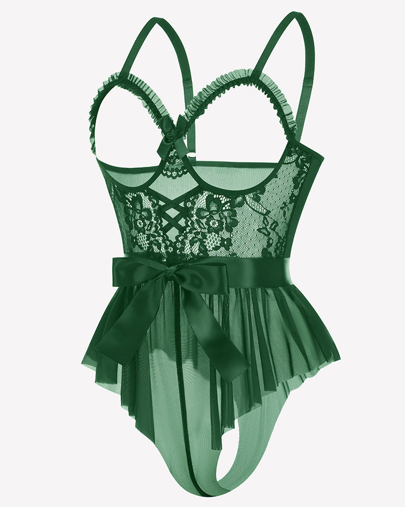 Lace Ruffle Mesh Bodysuit with Satin Tie
