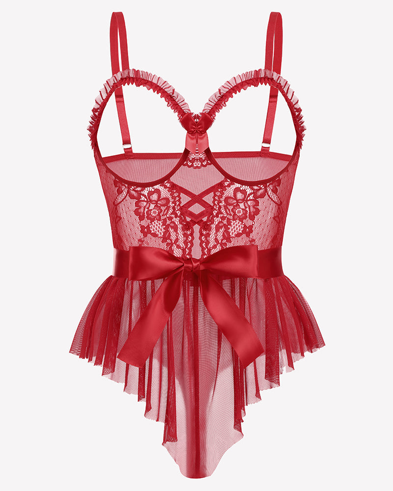 Lace Ruffle Mesh Bodysuit with Satin Tie