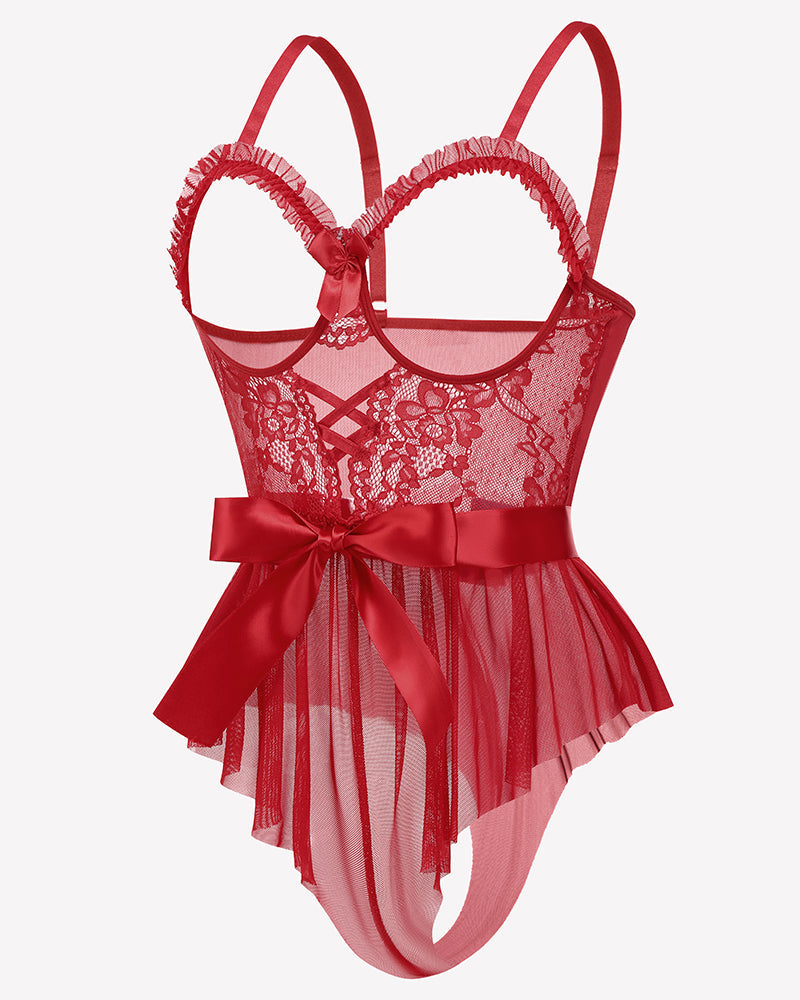 Lace Ruffle Mesh Bodysuit with Satin Tie
