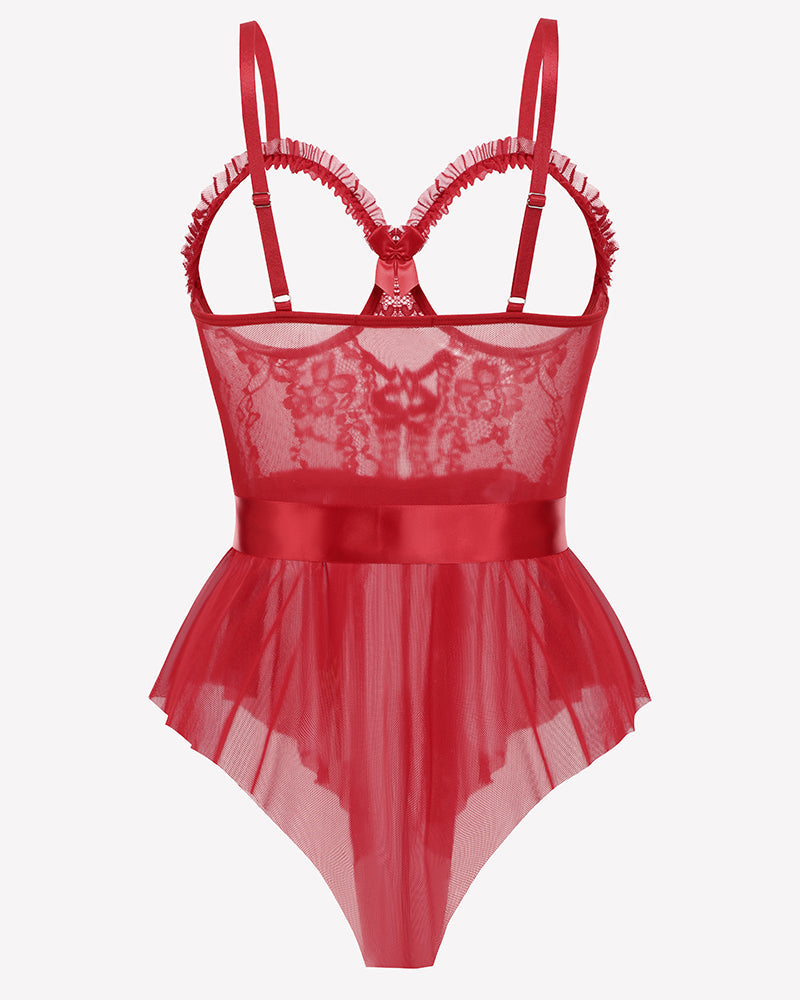 Lace Ruffle Mesh Bodysuit with Satin Tie