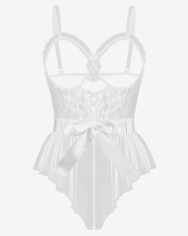 Lace Ruffle Mesh Bodysuit with Satin Tie