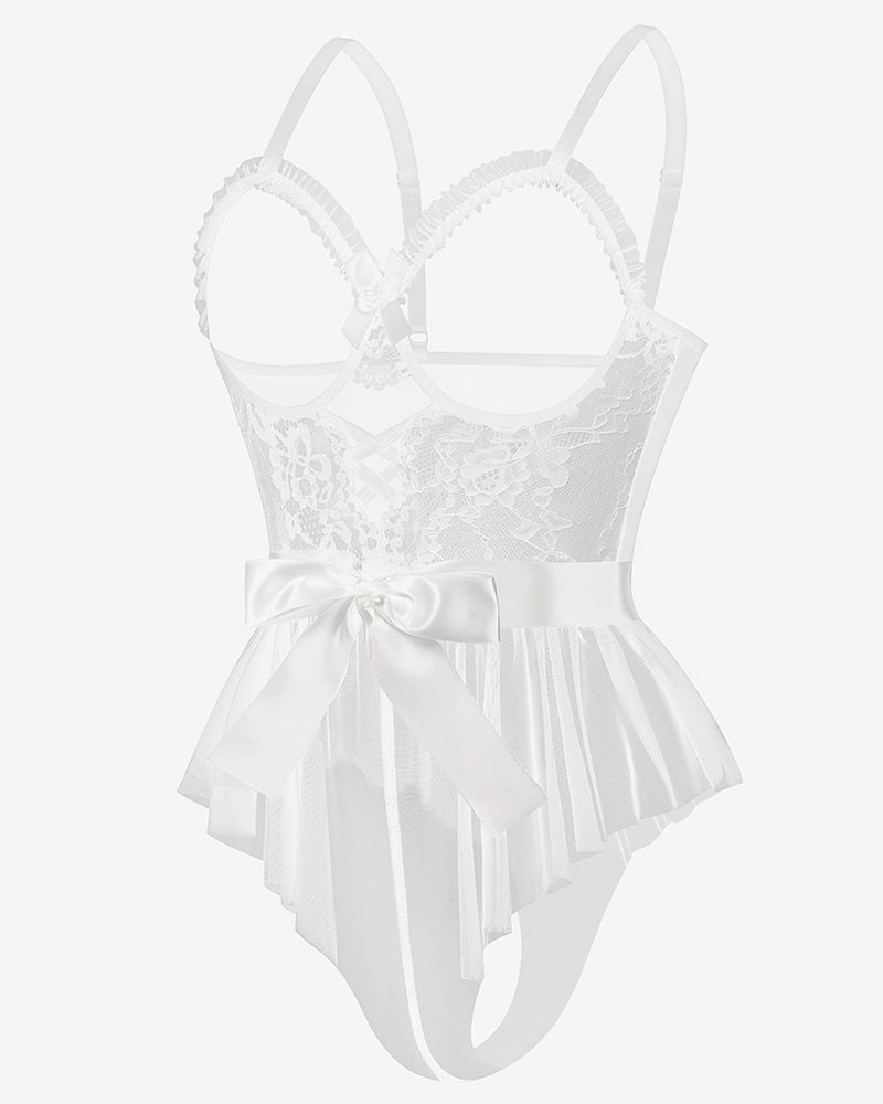 Lace Ruffle Mesh Bodysuit with Satin Tie
