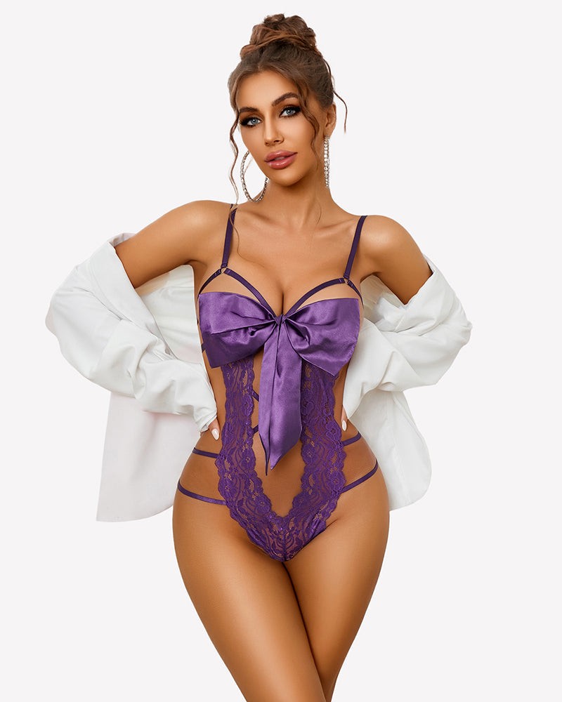 Floral Lace Teddy Bow Tie Bodysuit