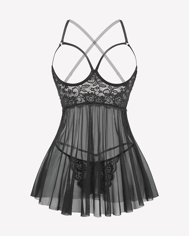 3 Piece Set Mesh Cupless Babydoll, Robe with Panties