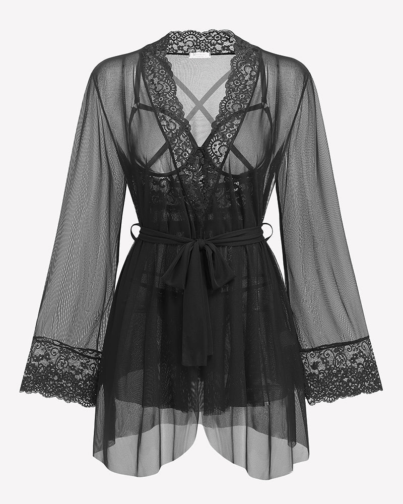 3 Piece Set Mesh Cupless Babydoll, Robe with Panties