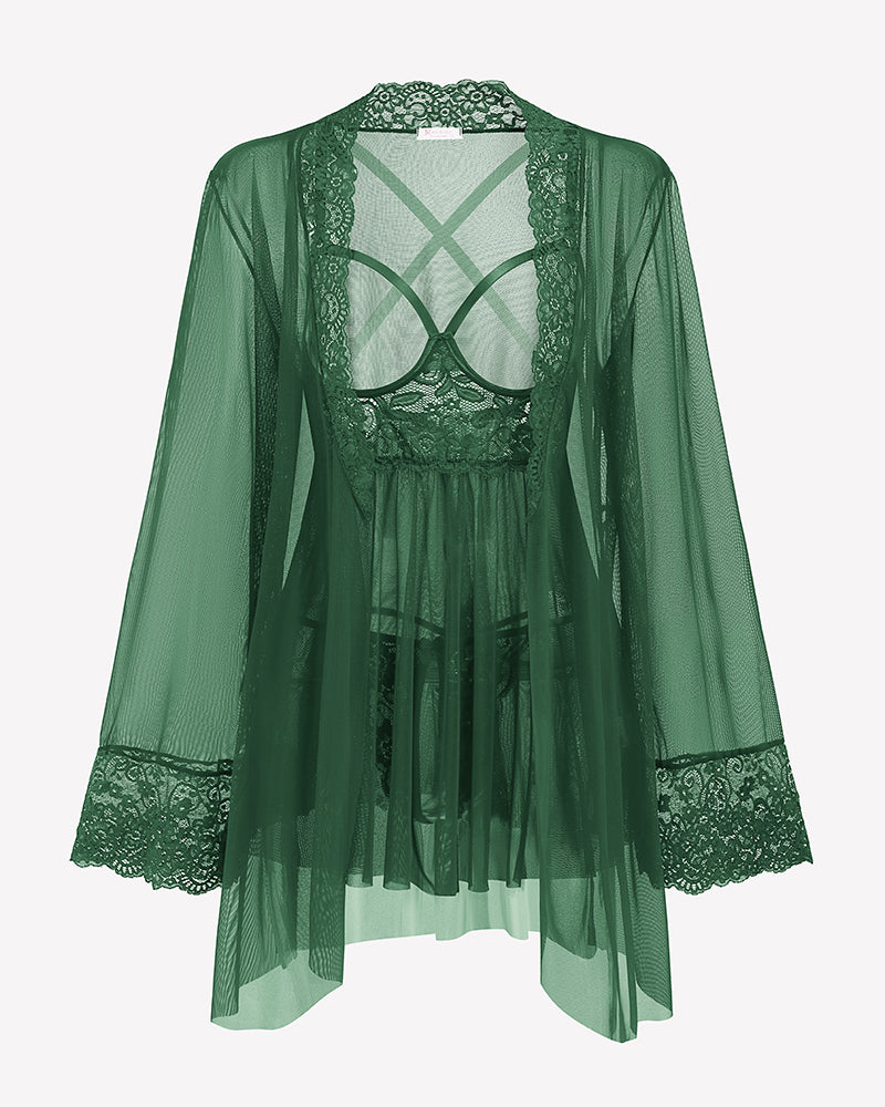 3 Piece Set Mesh Cupless Babydoll, Robe with Panties