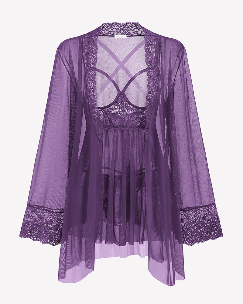 3 Piece Set Mesh Cupless Babydoll, Robe with Panties