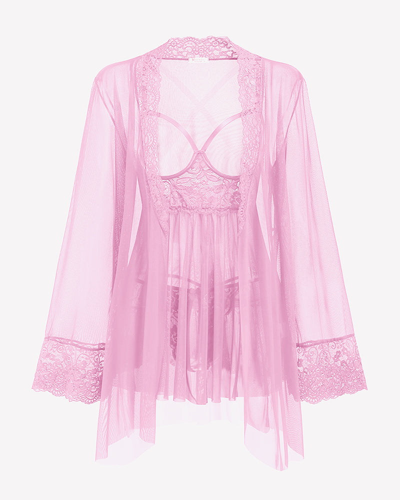 3 Piece Set Mesh Cupless Babydoll, Robe with Panties