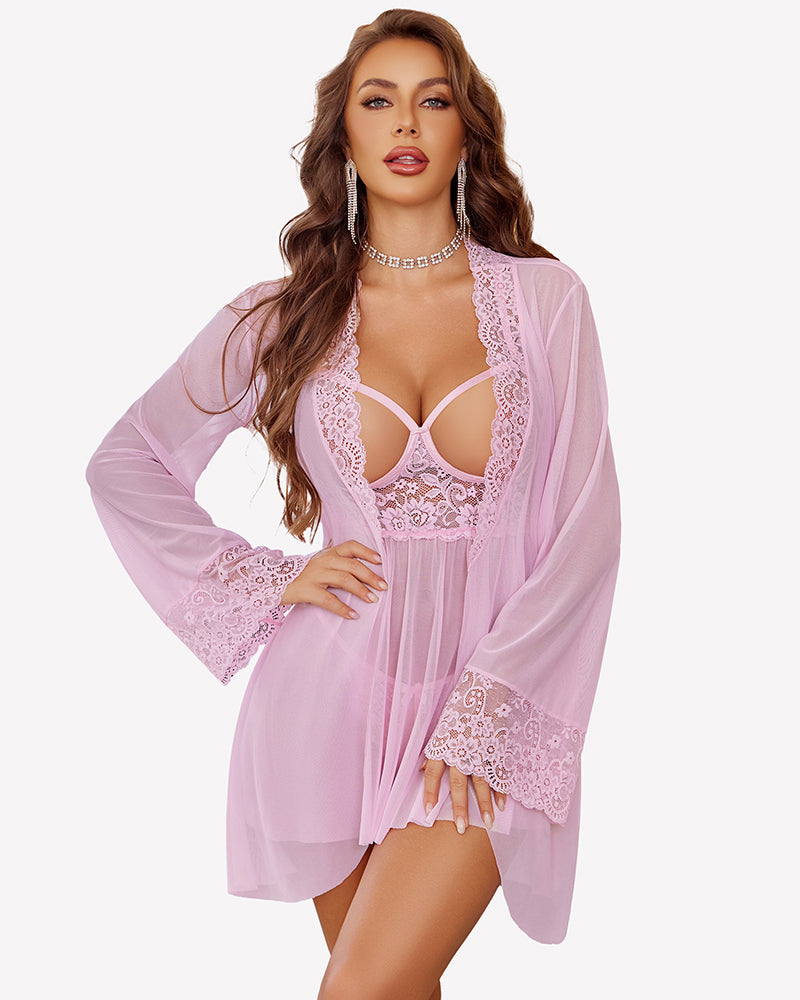 3 Piece Set Mesh Cupless Babydoll, Robe with Panties
