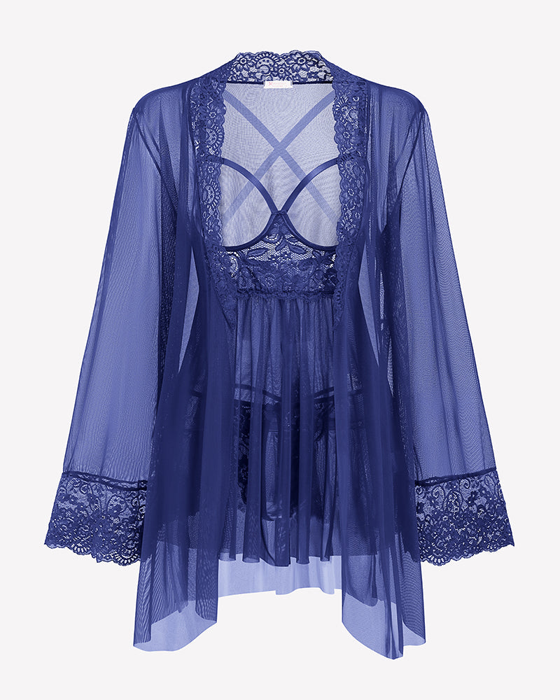 3 Piece Set Mesh Cupless Babydoll, Robe with Panties