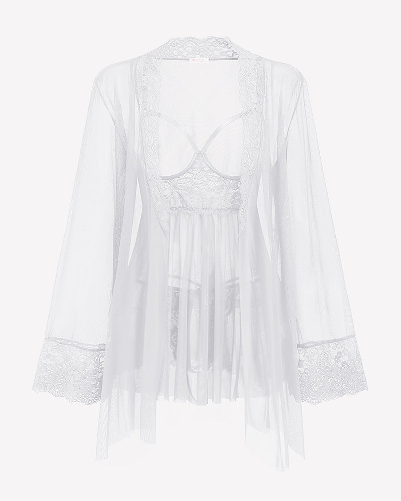 3 Piece Set Mesh Cupless Babydoll, Robe with Panties