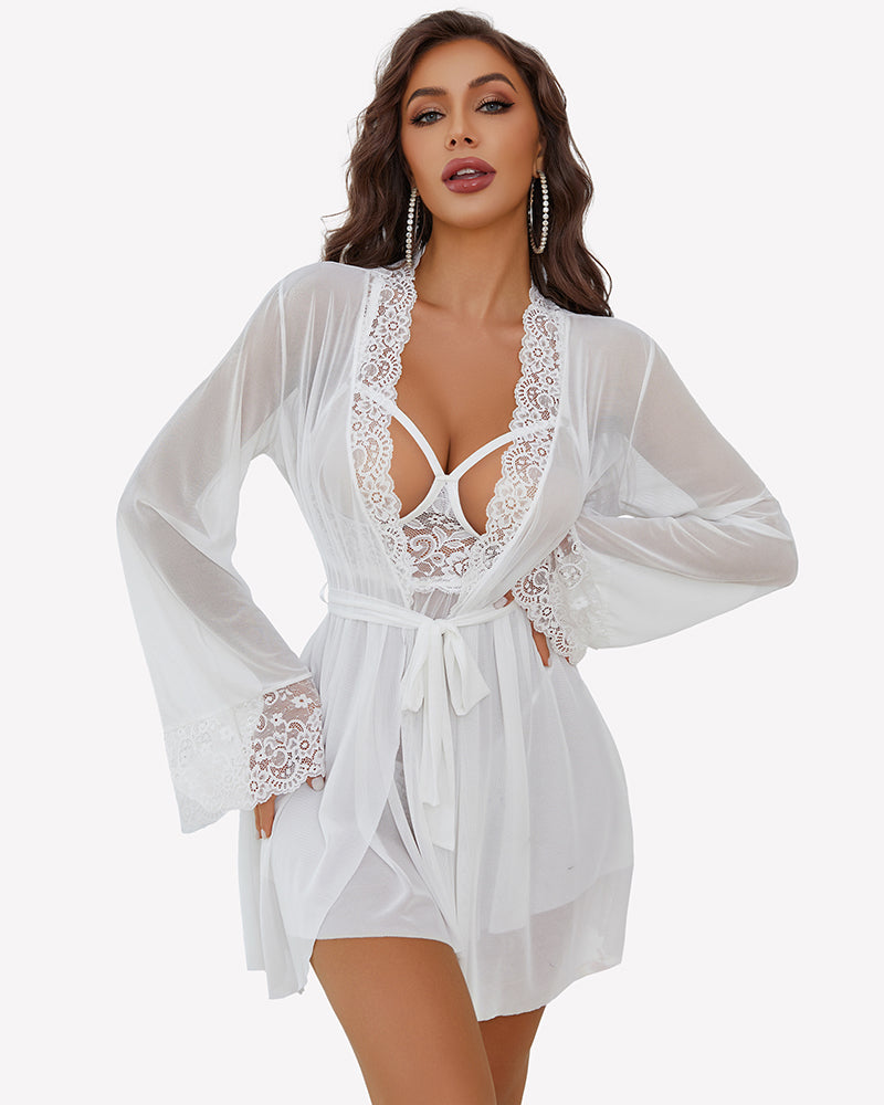 3 Piece Set Mesh Cupless Babydoll, Robe with Panties
