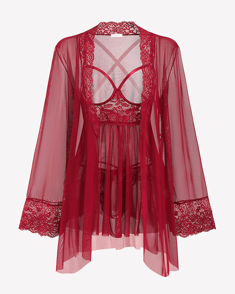 3 Piece Set Mesh Cupless Babydoll, Robe with Panties