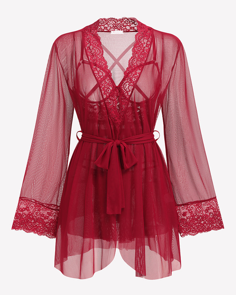 3 Piece Set Mesh Cupless Babydoll, Robe with Panties