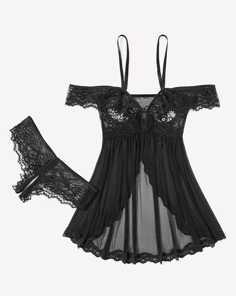 Mesh Lace Wireless Babydoll Dress with Thong