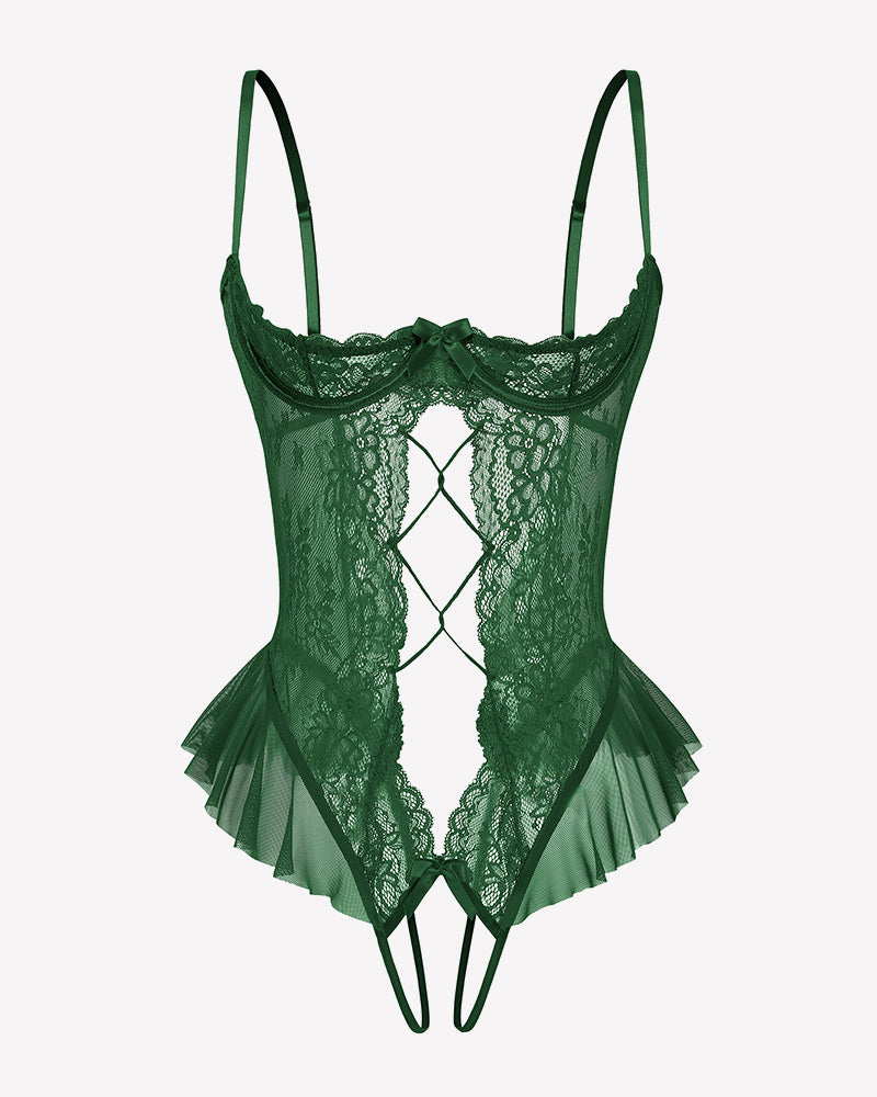 Lace Teddy Lingerie Cutout Ruffle Trim Bodysuit