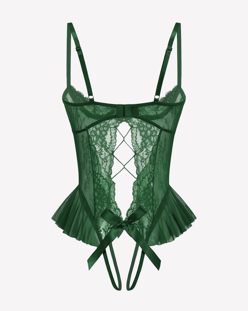 Lace Teddy Lingerie Cutout Ruffle Trim Bodysuit