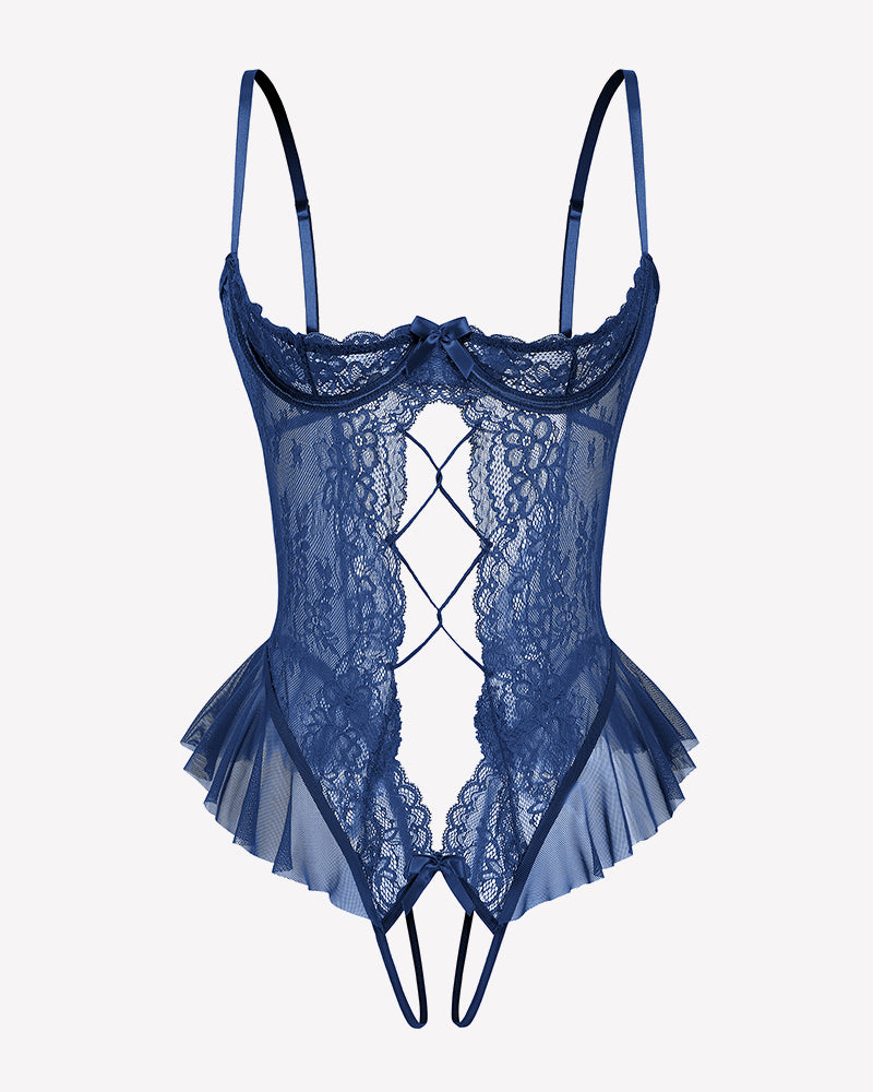 Lace Teddy Lingerie Cutout Ruffle Trim Bodysuit