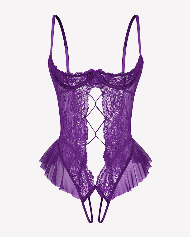 Lace Teddy Lingerie Cutout Ruffle Trim Bodysuit
