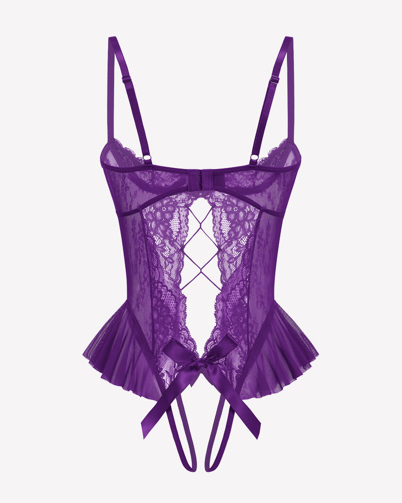 Lace Teddy Lingerie Cutout Ruffle Trim Bodysuit