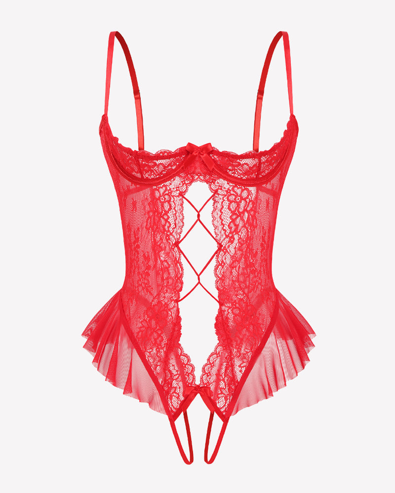 Lace Teddy Lingerie Cutout Ruffle Trim Bodysuit