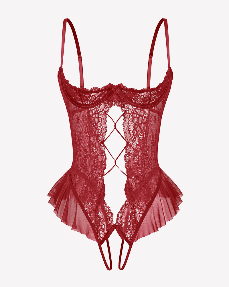 Lace Teddy Lingerie Cutout Ruffle Trim Bodysuit