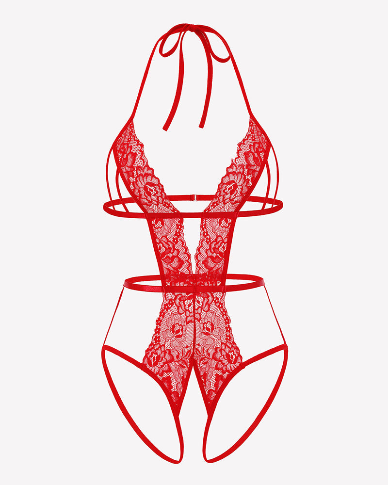 Deep V Halter Lingerie Crotchless Lace Bodysuit