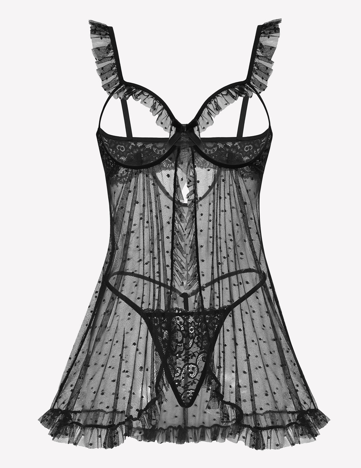 Polka Dots Open Front Ruffle Babydoll Cut Out Lingerie