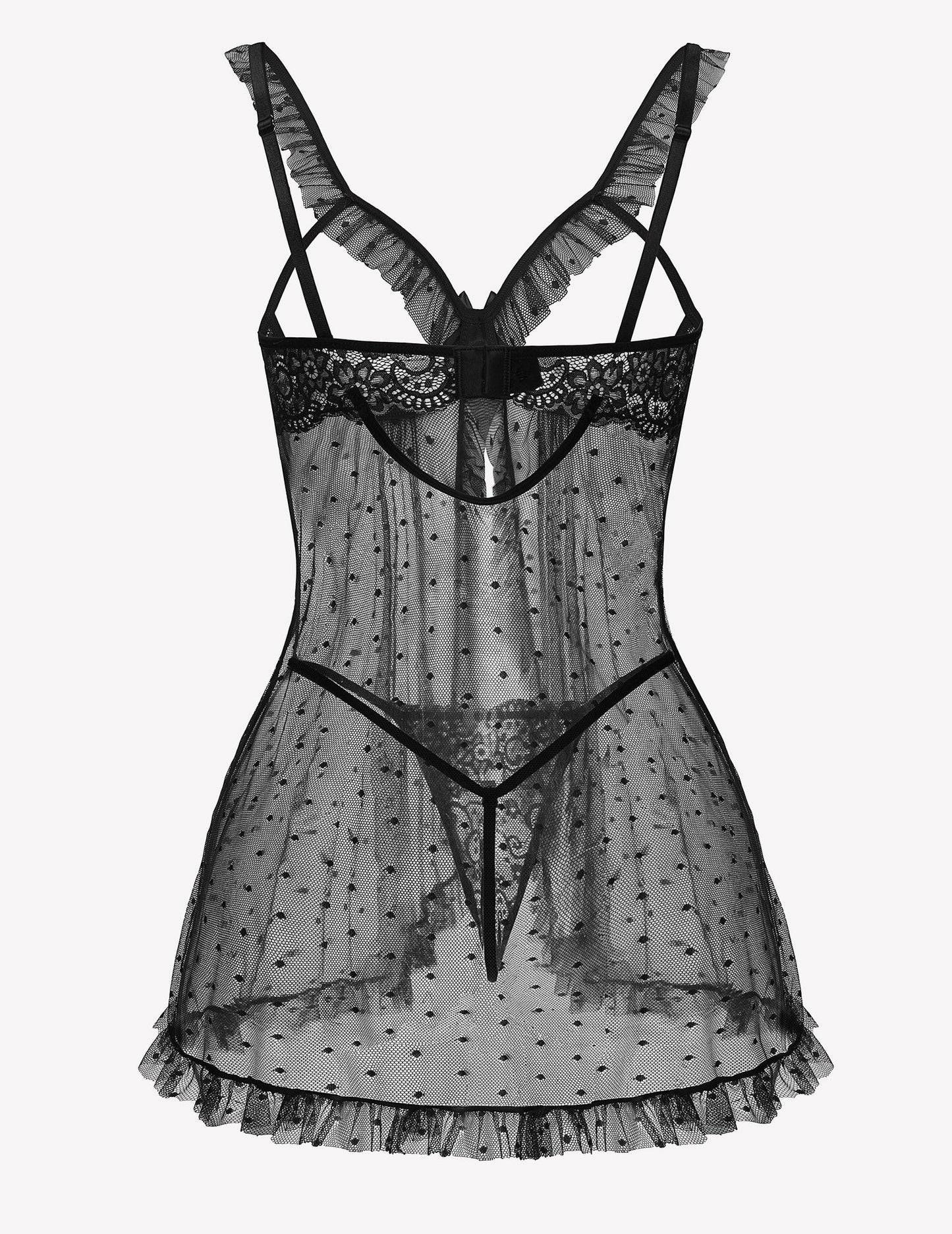 Polka Dots Open Front Ruffle Babydoll Cut Out Lingerie