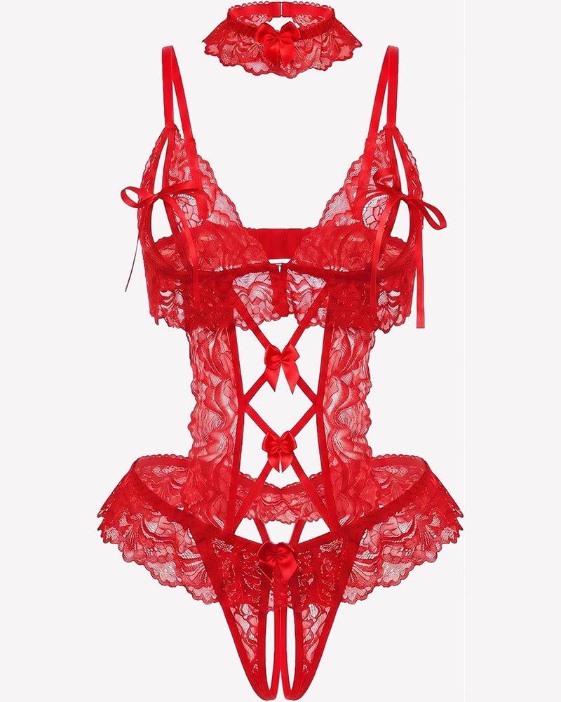Floral Lace V-Neck Bodysuit Teddy Lingerie