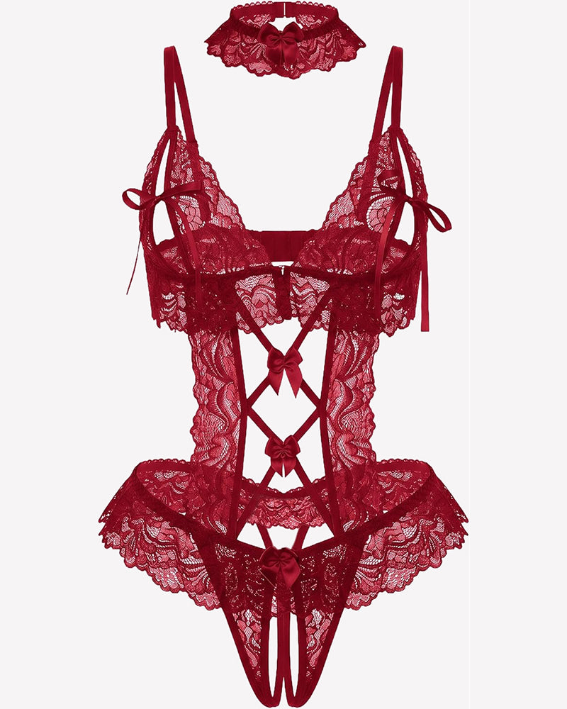 Floral Lace V-Neck Bodysuit Teddy Lingerie