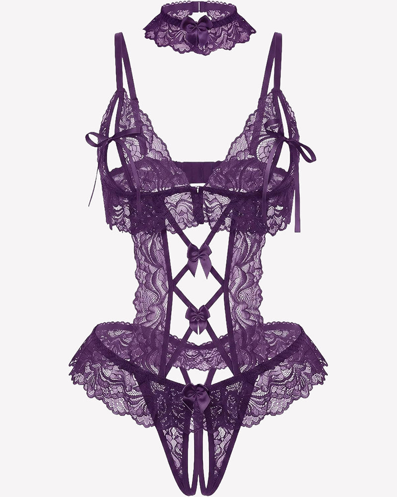 Floral Lace V-Neck Bodysuit Teddy Lingerie