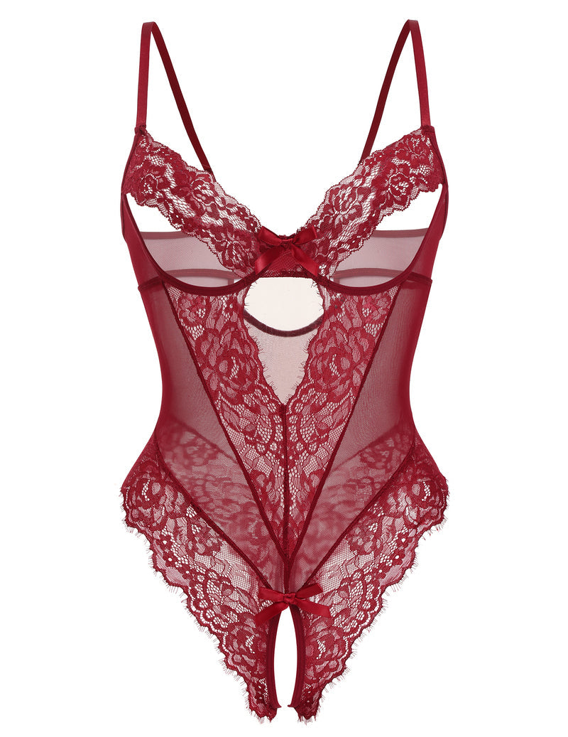 Sheer Deep V Lace Teddy Bodysuit