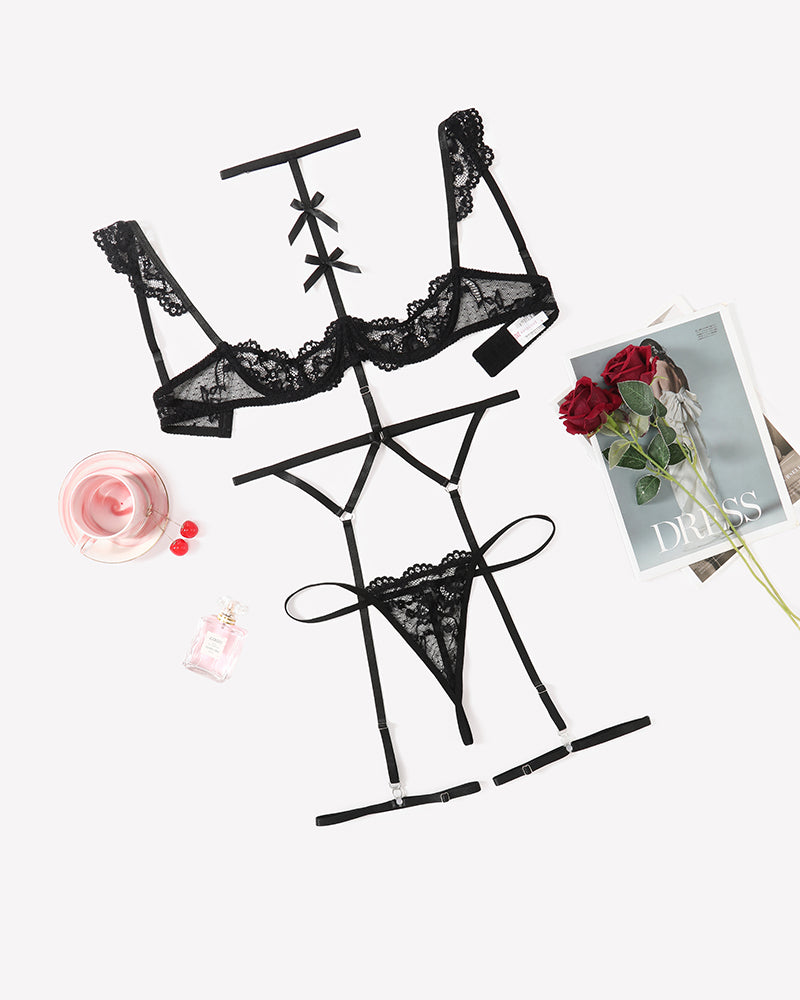 Lace Garter Belt Bra Choker 4-Piece Lingerie Set